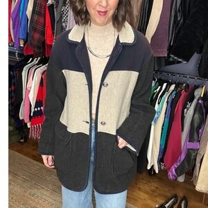 90s Herman Kay Wool Colorblock Jacket Size 10 Button Oversize Chore Neutrals
